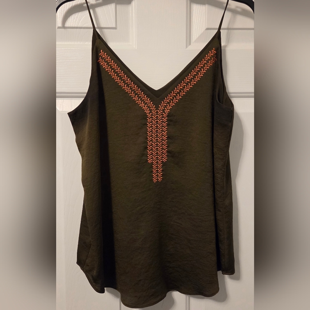 Express Olive Green Satin Embroidered Cami Tank Top V-Neck Spaghetti Strap Med